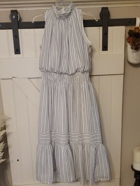 Womens Blue and White Striped Smocked Waist Dress